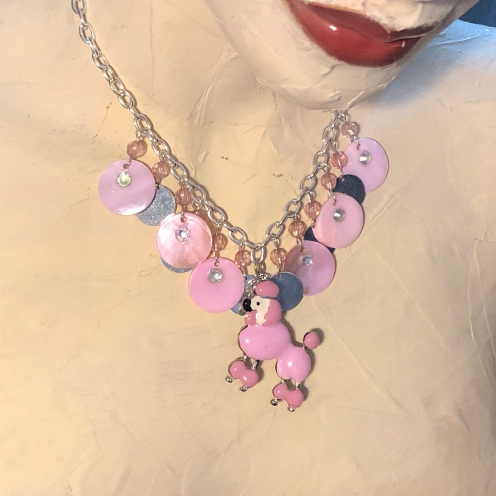 OOAK Necklace/Earrings Set~Pink Enamel Poodle Dog Pendant~Barbiecore~Coquette